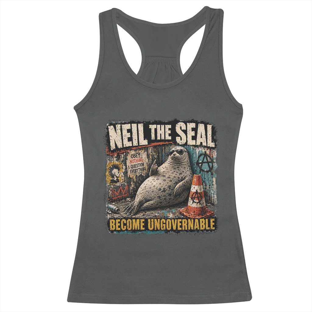 Edgy Neil the Seal Become Ungovernable Graffiti Graphic Racerback Tank Top Sarcastic Rebel Viral Chaotic Elephant Seal Sunglasses Meme
