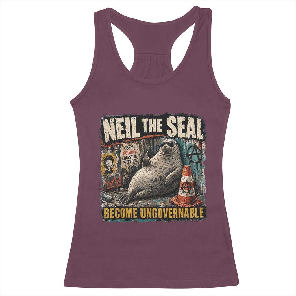 Edgy Neil the Seal Become Ungovernable Graffiti Graphic Racerback Tank Top Sarcastic Rebel Viral Chaotic Elephant Seal Sunglasses Meme