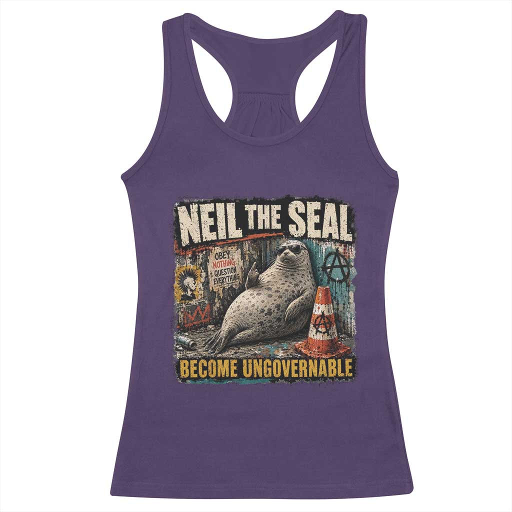 Edgy Neil the Seal Become Ungovernable Graffiti Graphic Racerback Tank Top Sarcastic Rebel Viral Chaotic Elephant Seal Sunglasses Meme