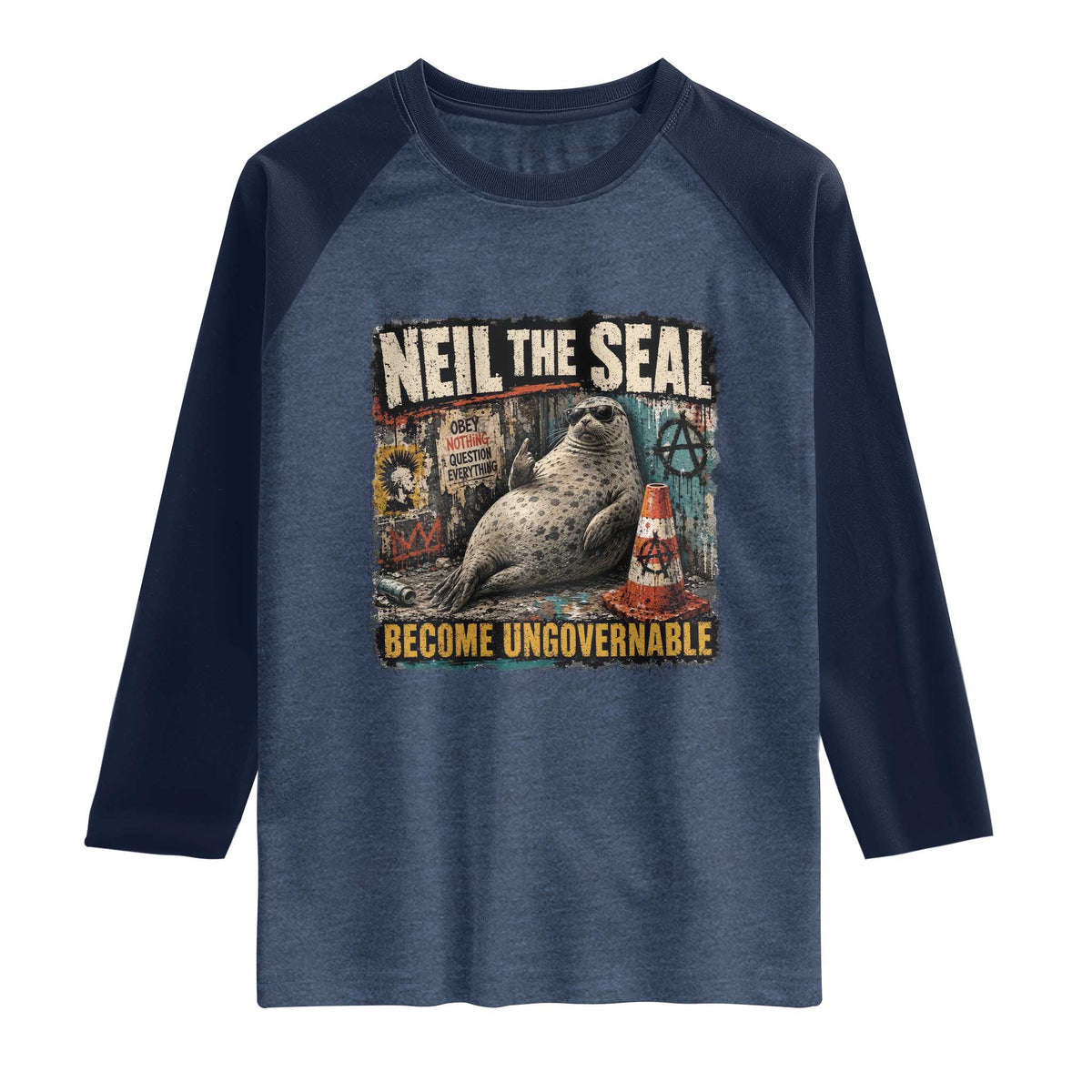 Edgy Neil the Seal Become Ungovernable Graffiti Graphic Raglan Shirt Sarcastic Rebel Viral Chaotic Elephant Seal Sunglasses Meme