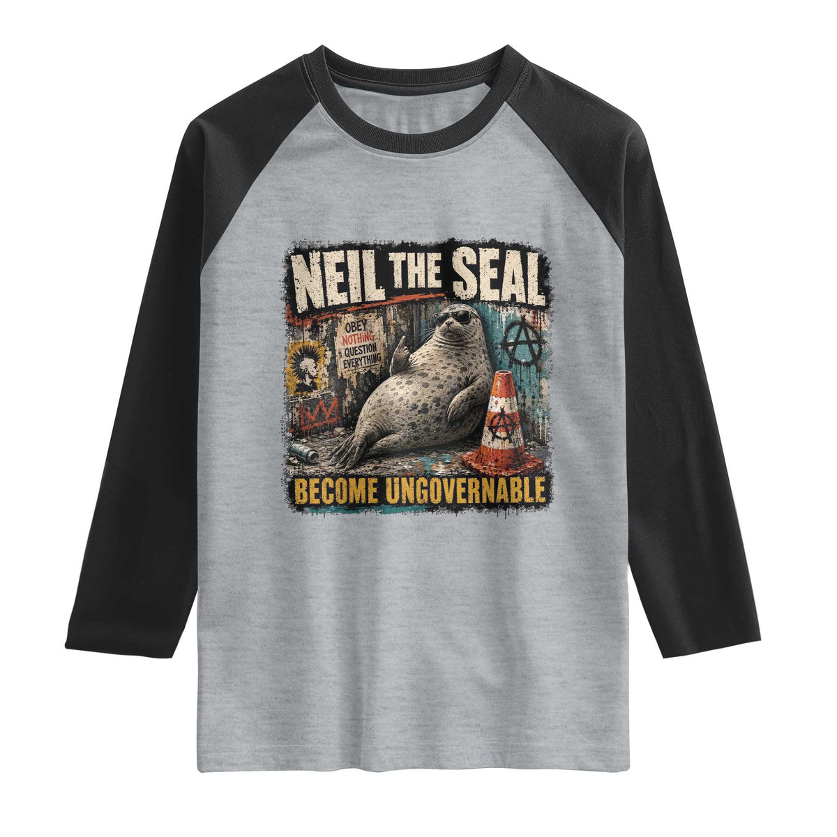 Edgy Neil the Seal Become Ungovernable Graffiti Graphic Raglan Shirt Sarcastic Rebel Viral Chaotic Elephant Seal Sunglasses Meme