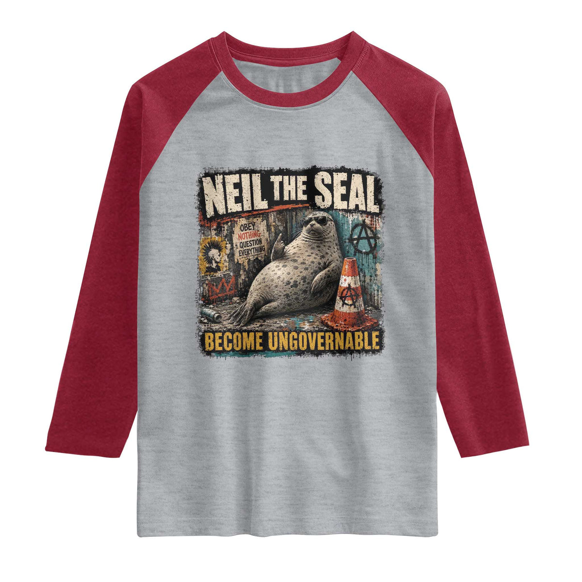 Edgy Neil the Seal Become Ungovernable Graffiti Graphic Raglan Shirt Sarcastic Rebel Viral Chaotic Elephant Seal Sunglasses Meme