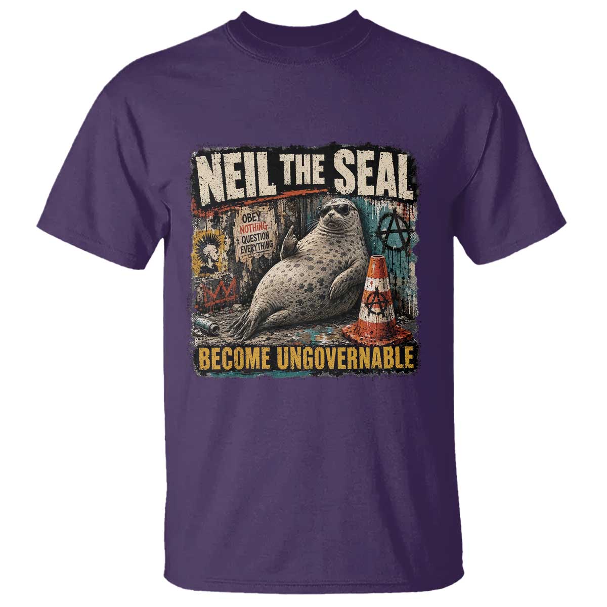 Edgy Neil the Seal Become Ungovernable Graffiti Graphic T Shirt Sarcastic Rebel Viral Chaotic Elephant Seal Sunglasses Meme