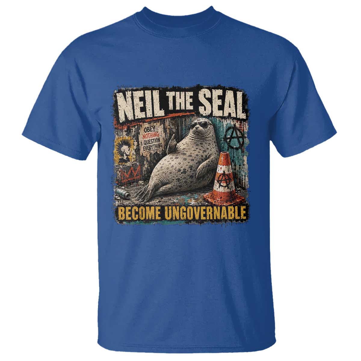 Edgy Neil the Seal Become Ungovernable Graffiti Graphic T Shirt Sarcastic Rebel Viral Chaotic Elephant Seal Sunglasses Meme