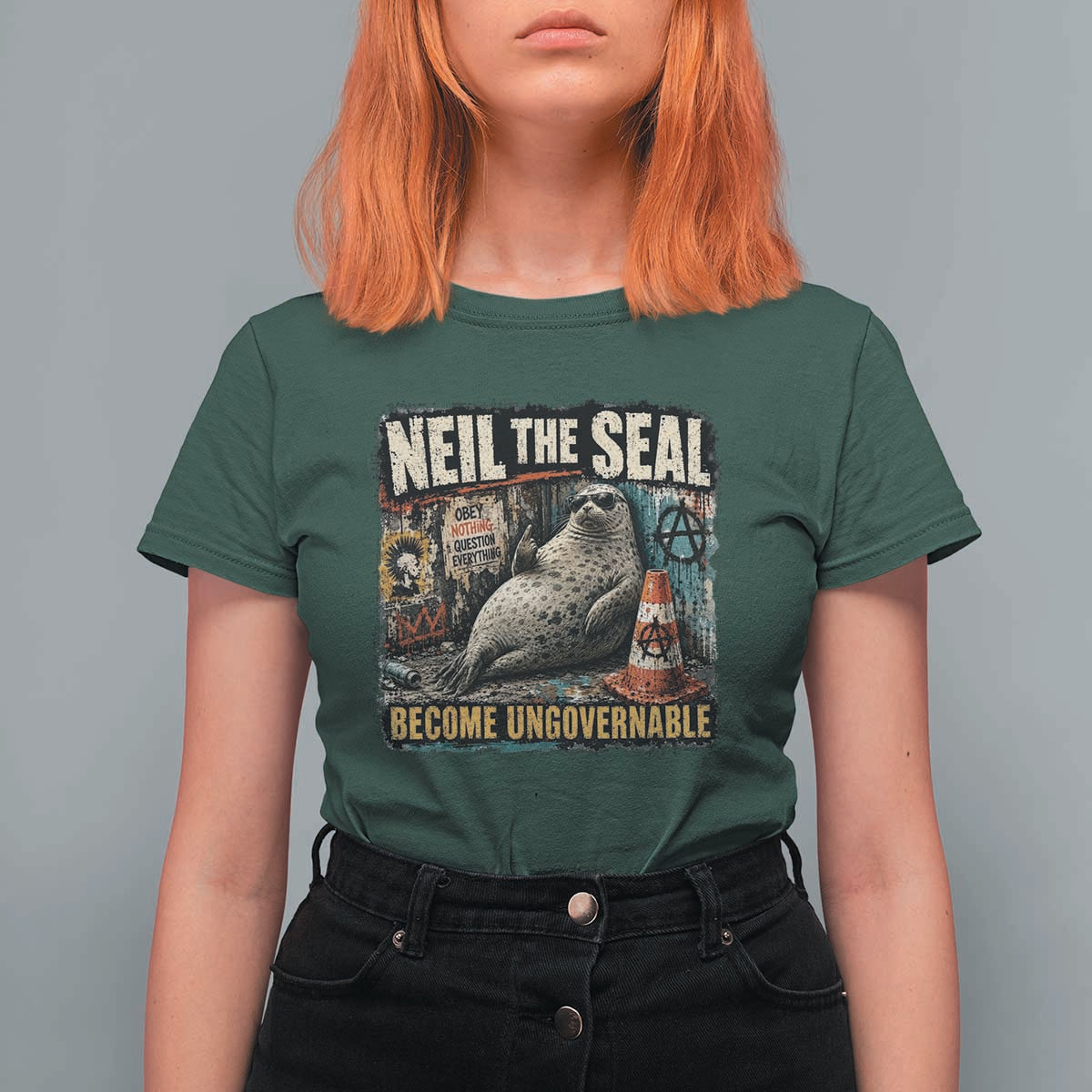 Edgy Neil the Seal Become Ungovernable Graffiti Graphic T Shirt For Women Sarcastic Rebel Viral Chaotic Elephant Seal Sunglasses Meme