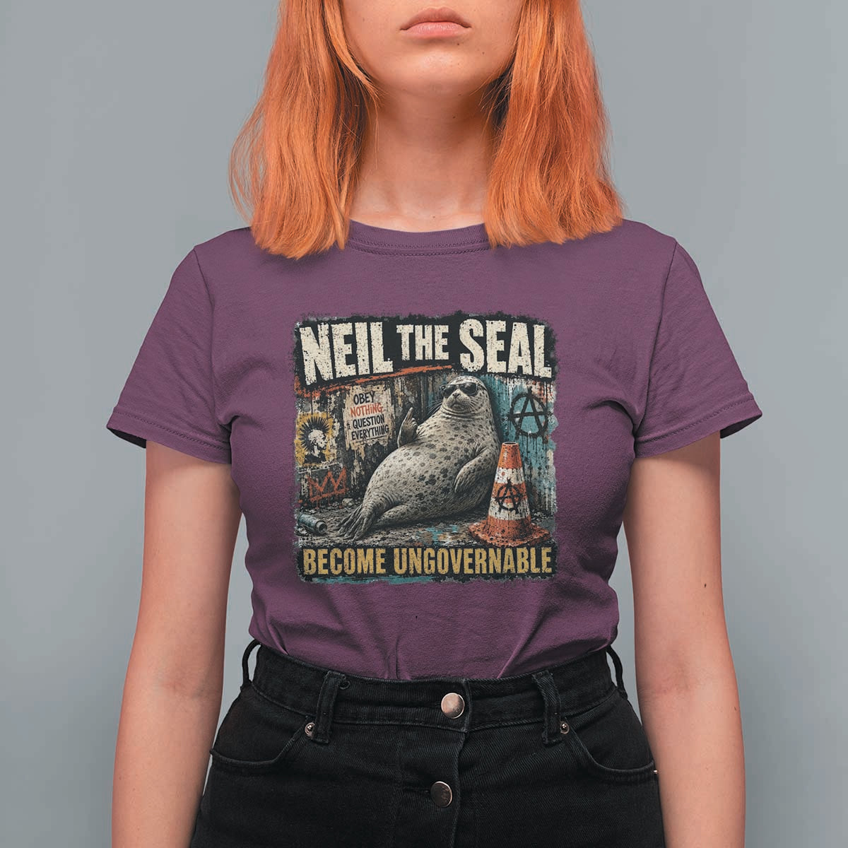 Edgy Neil the Seal Become Ungovernable Graffiti Graphic T Shirt For Women Sarcastic Rebel Viral Chaotic Elephant Seal Sunglasses Meme