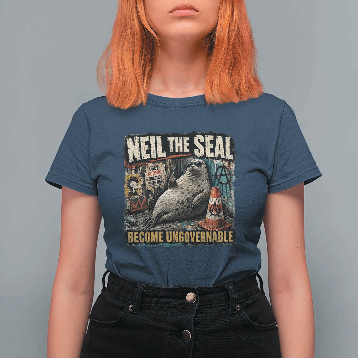 Edgy Neil the Seal Become Ungovernable Graffiti Graphic T Shirt For Women Sarcastic Rebel Viral Chaotic Elephant Seal Sunglasses Meme