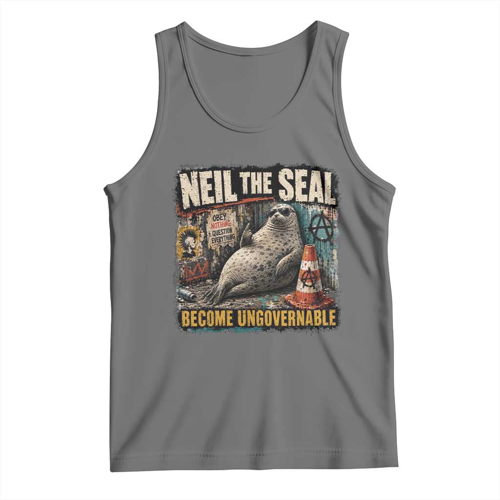 Edgy Neil the Seal Become Ungovernable Graffiti Graphic Tank Top Sarcastic Rebel Viral Chaotic Elephant Seal Sunglasses Meme
