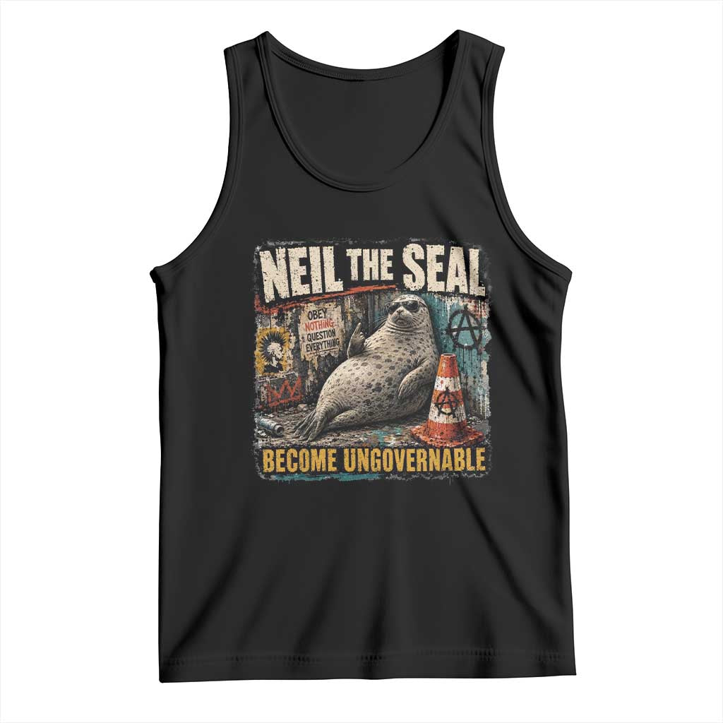 Edgy Neil the Seal Become Ungovernable Graffiti Graphic Tank Top Sarcastic Rebel Viral Chaotic Elephant Seal Sunglasses Meme