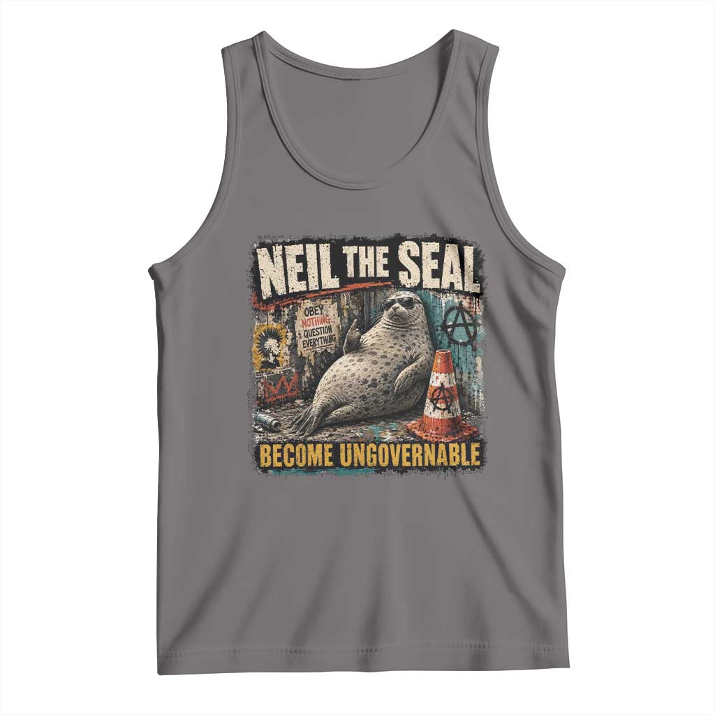 Edgy Neil the Seal Become Ungovernable Graffiti Graphic Tank Top Sarcastic Rebel Viral Chaotic Elephant Seal Sunglasses Meme