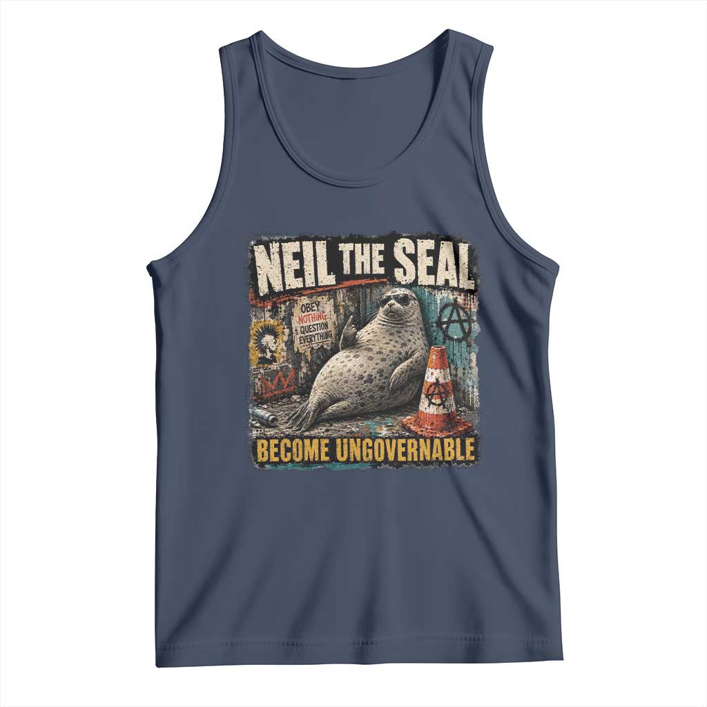 Edgy Neil the Seal Become Ungovernable Graffiti Graphic Tank Top Sarcastic Rebel Viral Chaotic Elephant Seal Sunglasses Meme