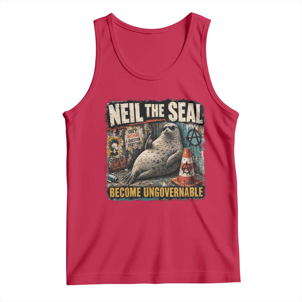 Edgy Neil the Seal Become Ungovernable Graffiti Graphic Tank Top Sarcastic Rebel Viral Chaotic Elephant Seal Sunglasses Meme