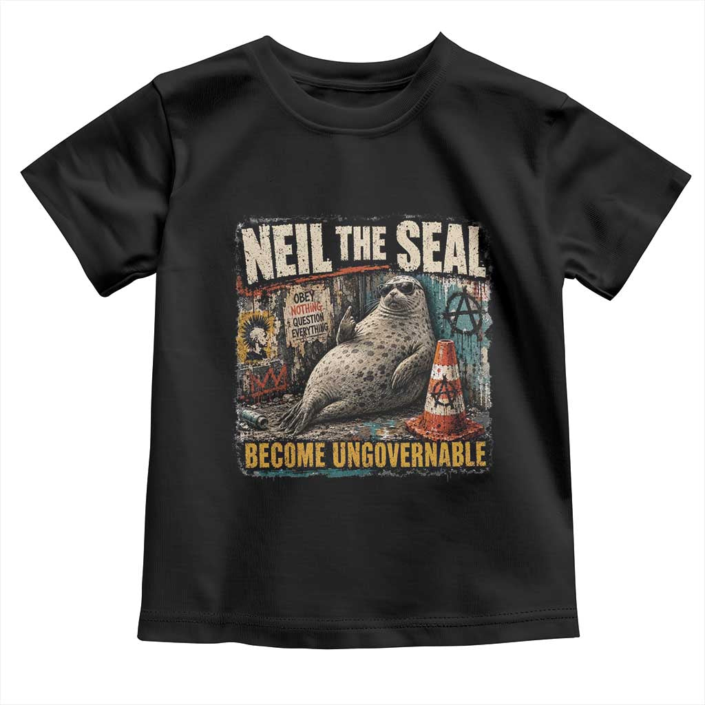 Edgy Neil the Seal Become Ungovernable Graffiti Graphic Toddler T Shirt Sarcastic Rebel Viral Chaotic Elephant Seal Sunglasses Meme
