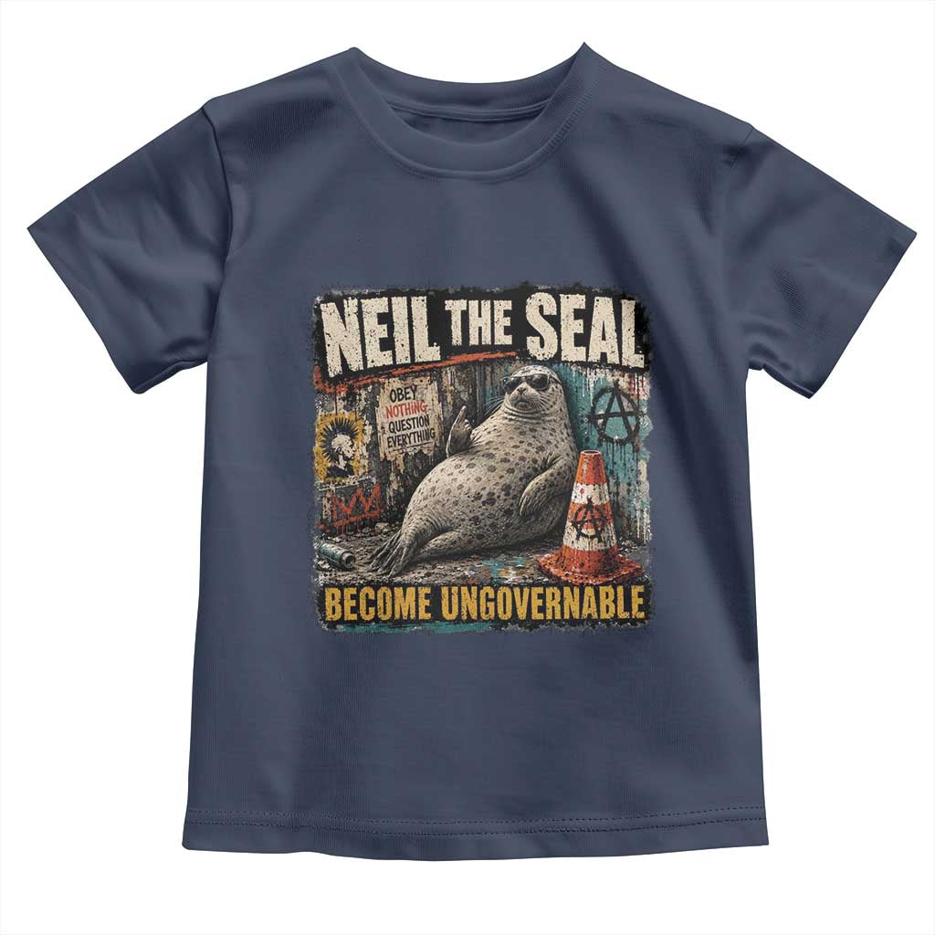 Edgy Neil the Seal Become Ungovernable Graffiti Graphic Toddler T Shirt Sarcastic Rebel Viral Chaotic Elephant Seal Sunglasses Meme