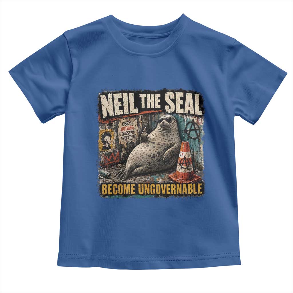Edgy Neil the Seal Become Ungovernable Graffiti Graphic Toddler T Shirt Sarcastic Rebel Viral Chaotic Elephant Seal Sunglasses Meme