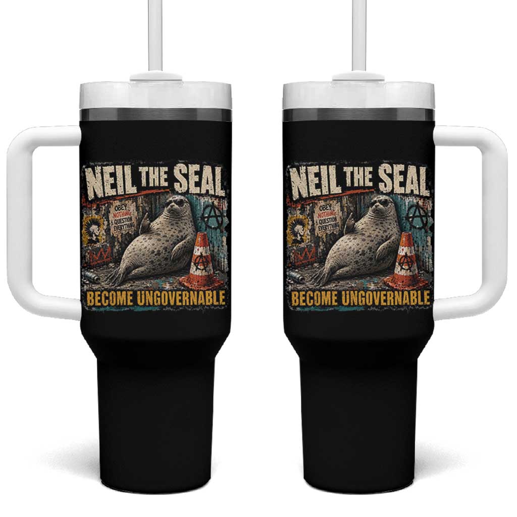 Edgy Neil the Seal Become Ungovernable Graffiti Graphic Tumbler With Handle Sarcastic Rebel Viral Chaotic Elephant Seal Sunglasses Meme