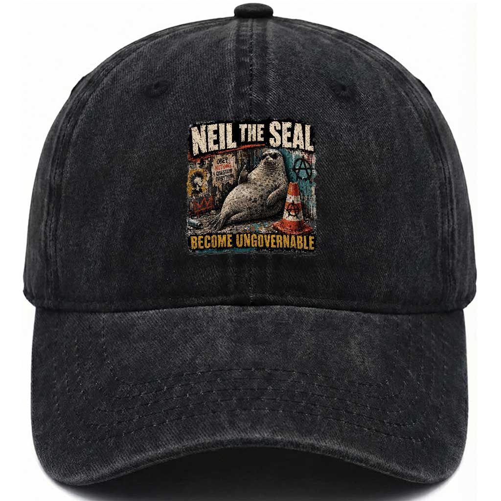 Edgy Neil the Seal Become Ungovernable Graffiti Graphic Washed Cotton Baseball Cap Sarcastic Rebel Viral Chaotic Elephant Seal Sunglasses Meme