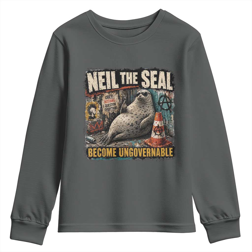 Edgy Neil the Seal Become Ungovernable Graffiti Graphic Youth Sweatshirt Sarcastic Rebel Viral Chaotic Elephant Seal Sunglasses Meme