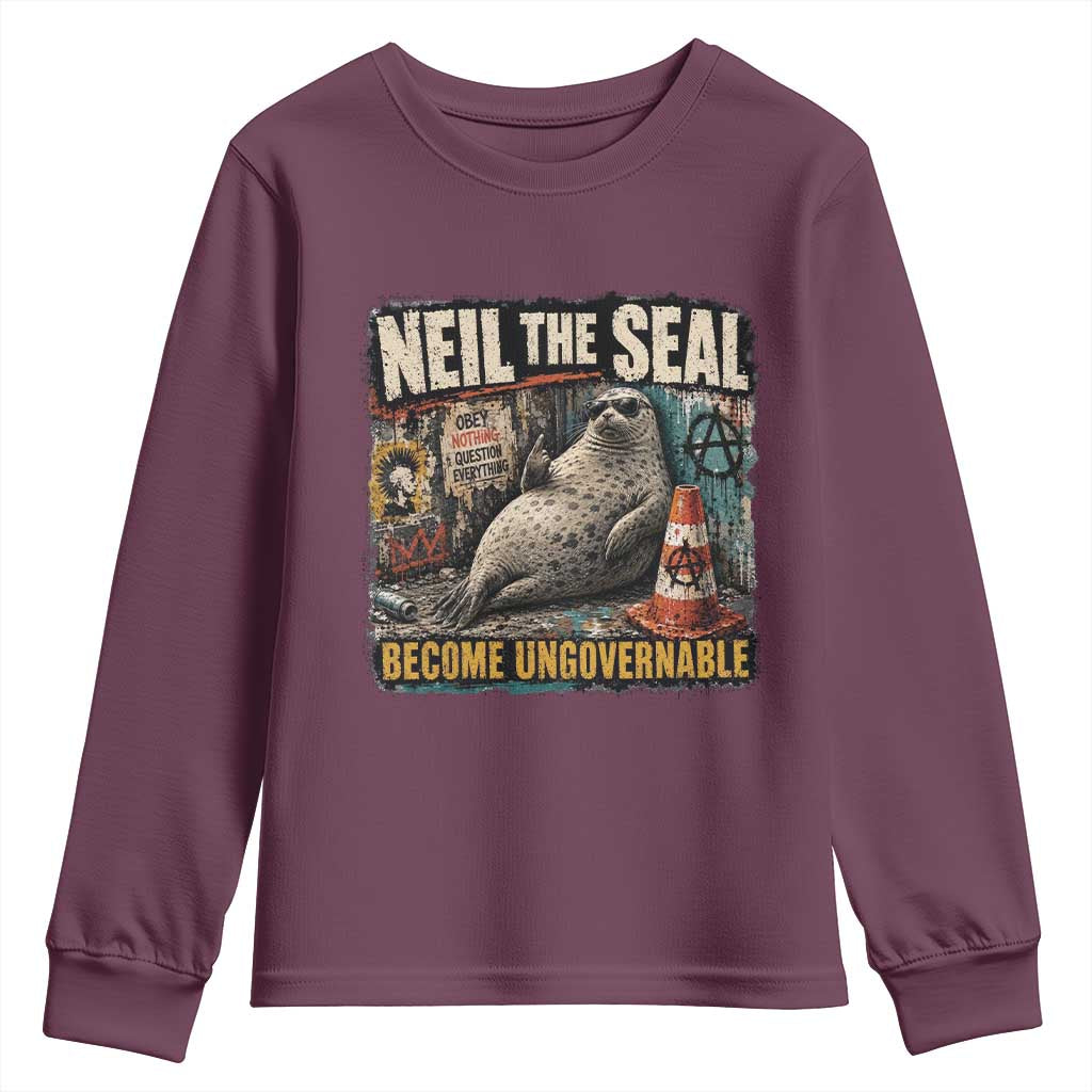 Edgy Neil the Seal Become Ungovernable Graffiti Graphic Youth Sweatshirt Sarcastic Rebel Viral Chaotic Elephant Seal Sunglasses Meme