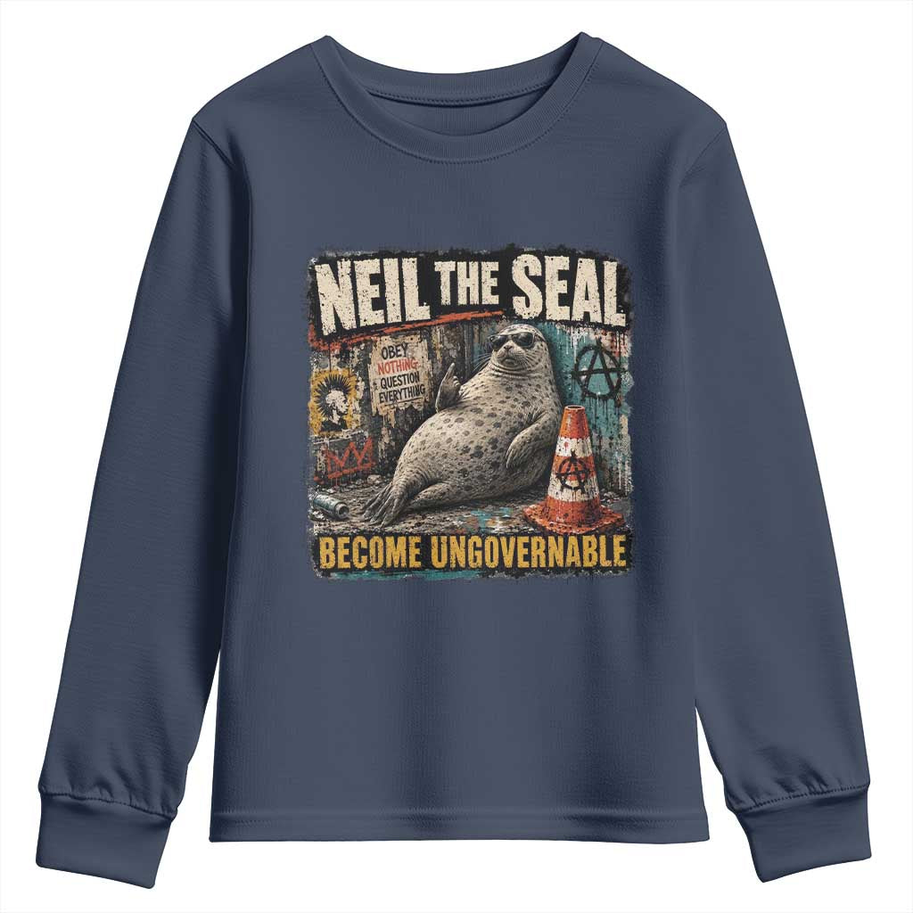 Edgy Neil the Seal Become Ungovernable Graffiti Graphic Youth Sweatshirt Sarcastic Rebel Viral Chaotic Elephant Seal Sunglasses Meme