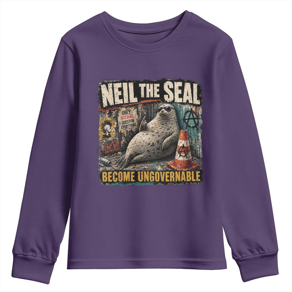 Edgy Neil the Seal Become Ungovernable Graffiti Graphic Youth Sweatshirt Sarcastic Rebel Viral Chaotic Elephant Seal Sunglasses Meme