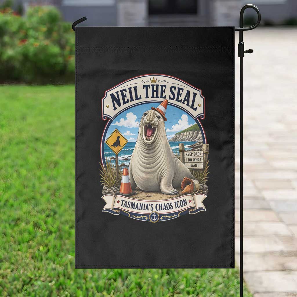 Retro Neil the Seal Tasmanias Chaos Icon Garden Flag Funny Roaring Elephant Seal Traffic Cone Meme