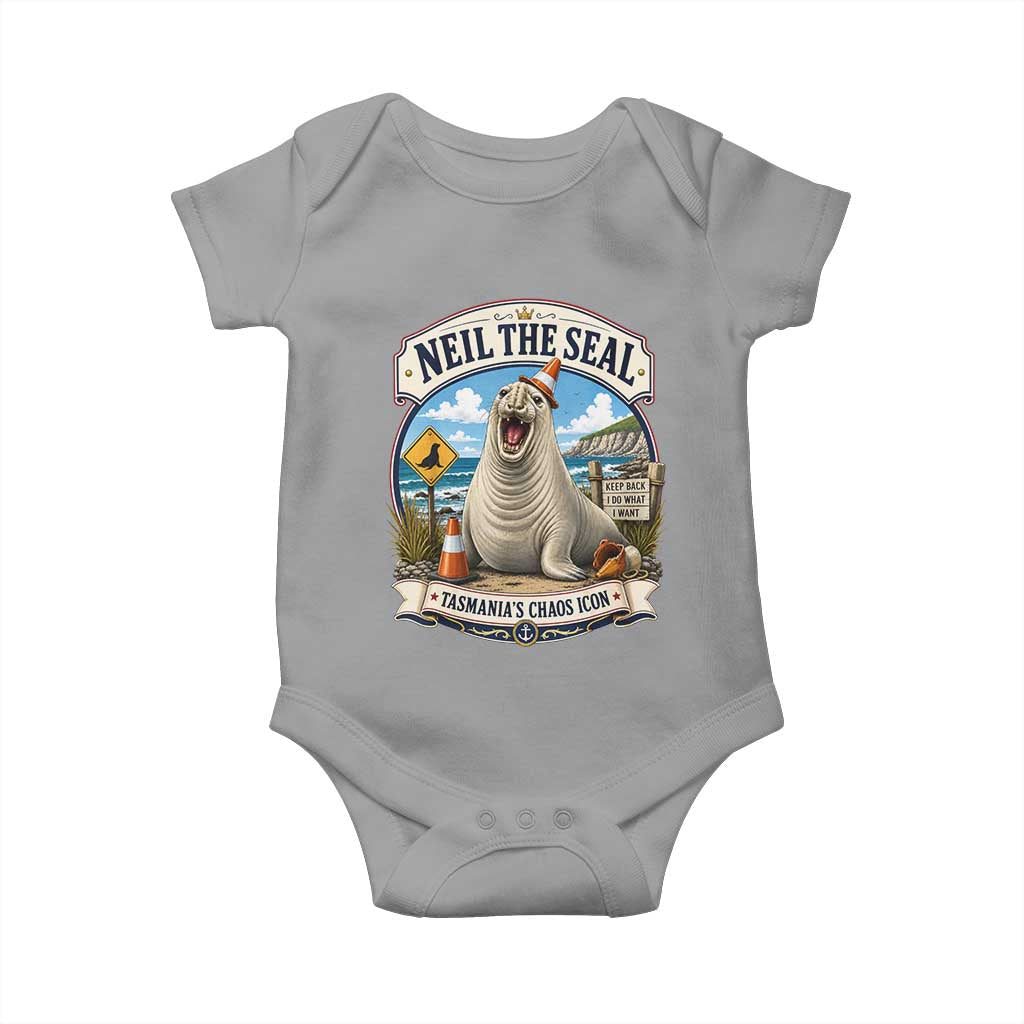 Retro Neil the Seal Tasmanias Chaos Icon Baby Onesie Funny Roaring Elephant Seal Traffic Cone Meme