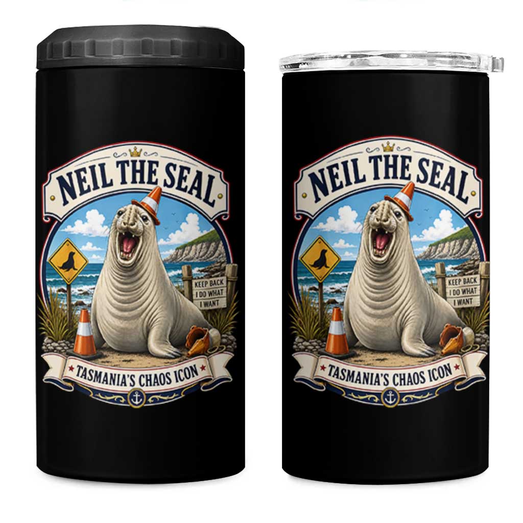 Retro Neil the Seal Tasmanias Chaos Icon 4 in 1 Can Cooler Tumbler Funny Roaring Elephant Seal Traffic Cone Meme