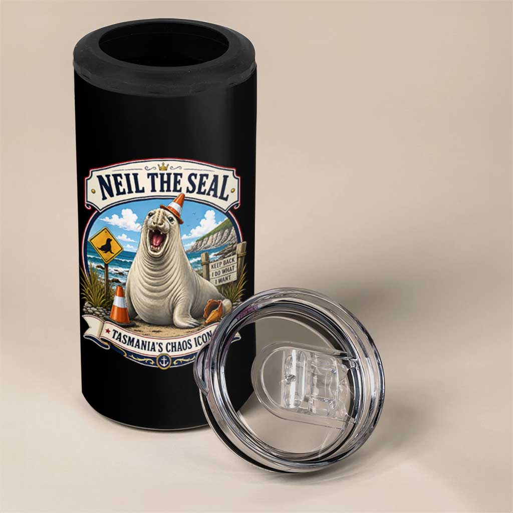 Retro Neil the Seal Tasmanias Chaos Icon 4 in 1 Can Cooler Tumbler Funny Roaring Elephant Seal Traffic Cone Meme