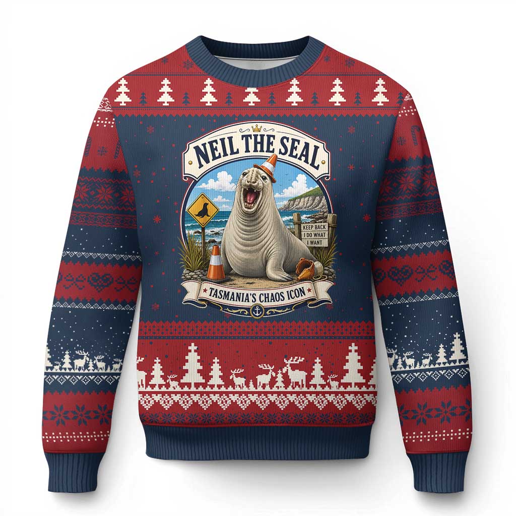 Retro Neil the Seal Tasmanias Chaos Icon Ugly Christmas Sweater Funny Roaring Elephant Seal Traffic Cone Meme