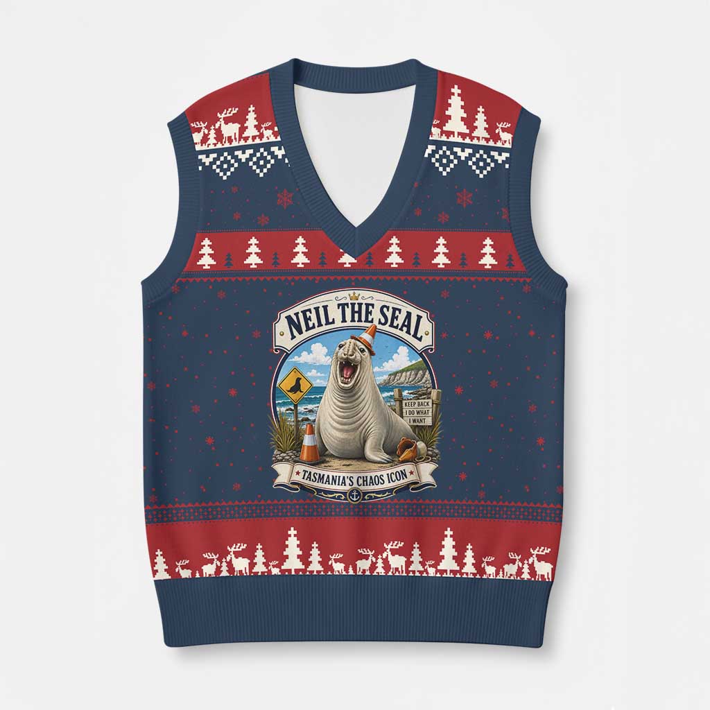 Retro Neil the Seal Tasmanias Chaos Icon V-Neck Knit Sweater Vest Funny Roaring Elephant Seal Traffic Cone Meme