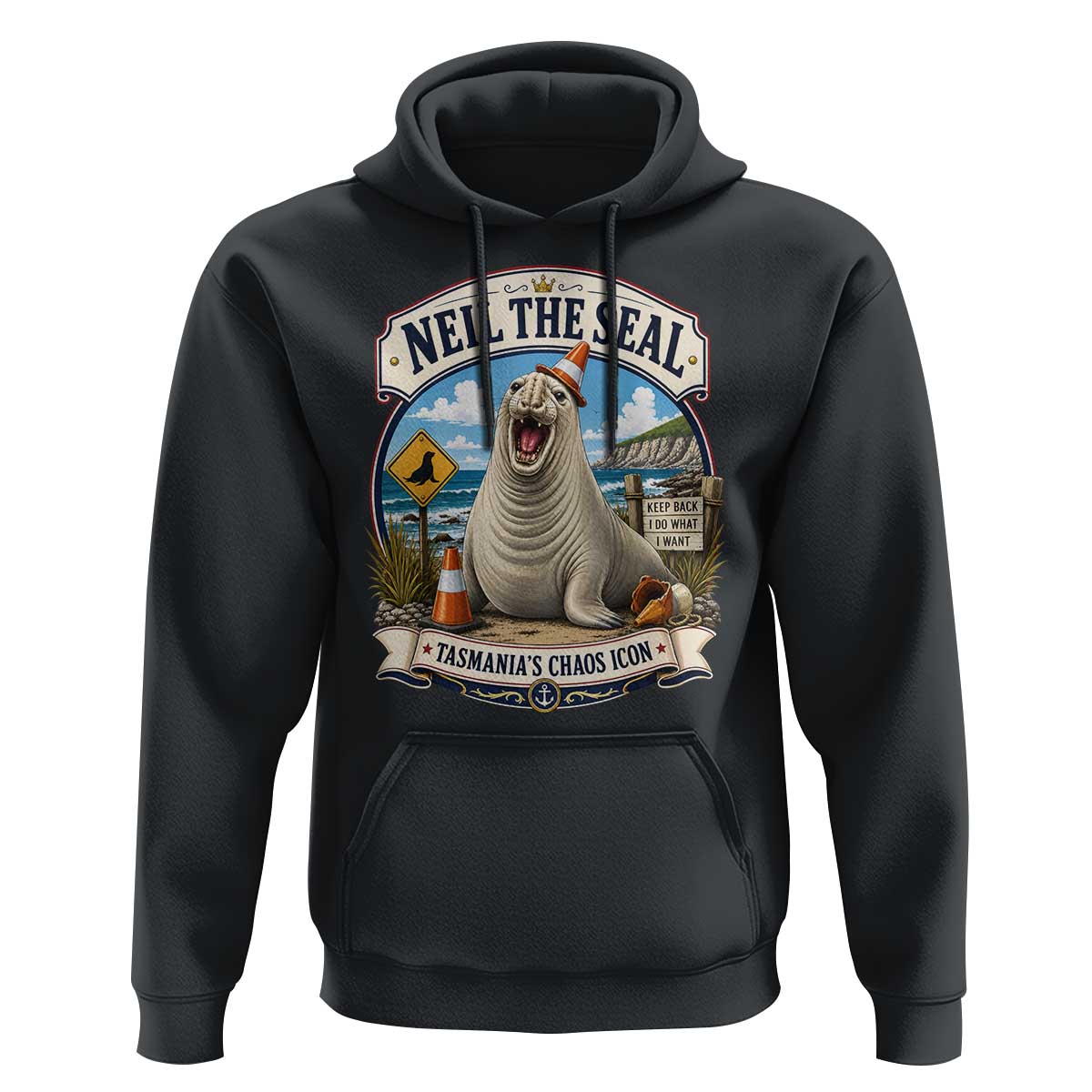 Retro Neil the Seal Tasmanias Chaos Icon Hoodie Funny Roaring Elephant Seal Traffic Cone Meme