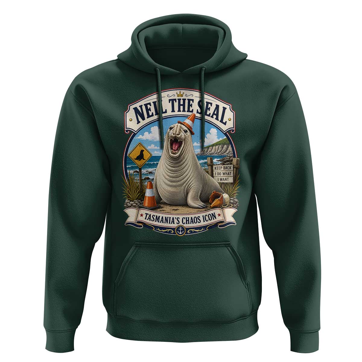 Retro Neil the Seal Tasmanias Chaos Icon Hoodie Funny Roaring Elephant Seal Traffic Cone Meme