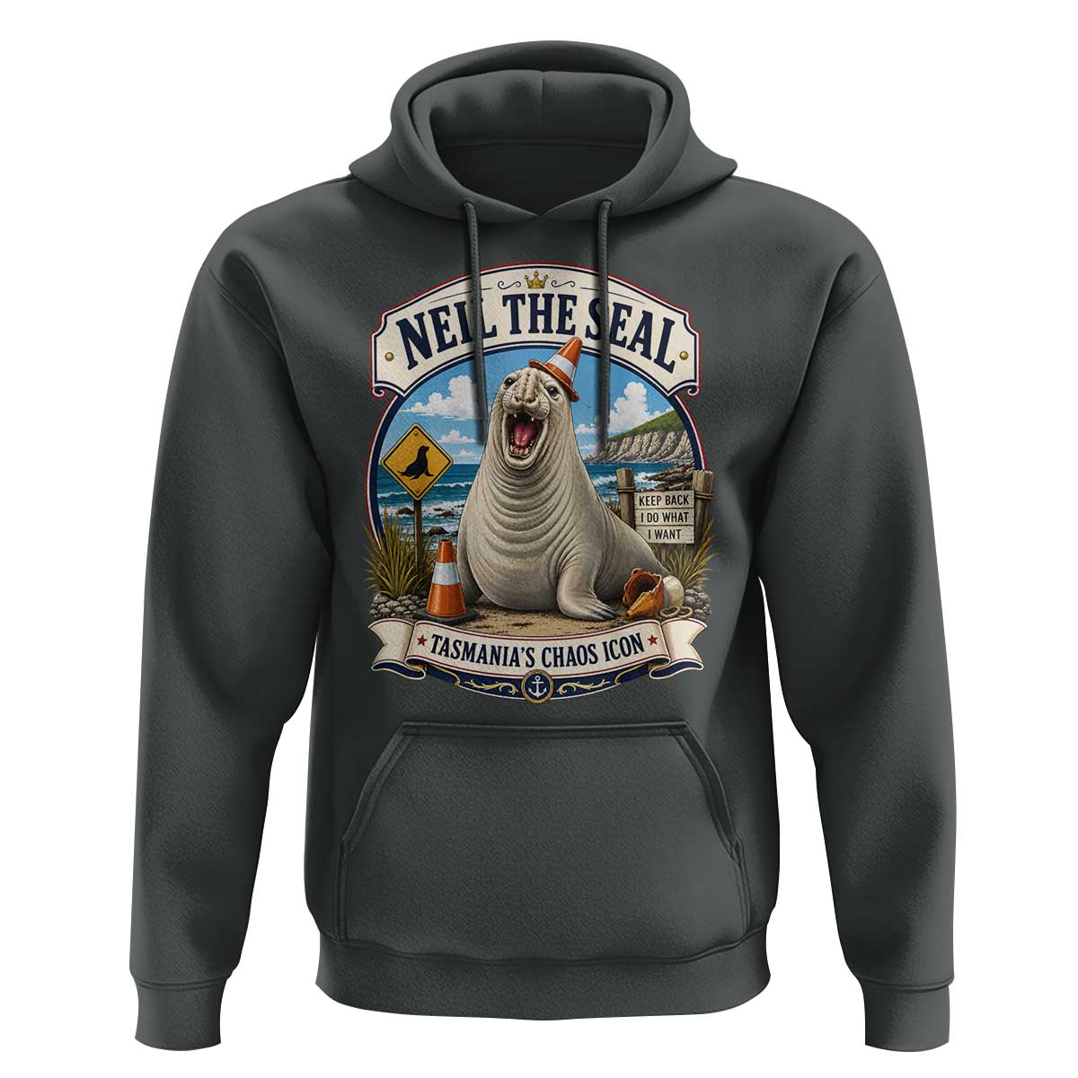 Retro Neil the Seal Tasmanias Chaos Icon Hoodie Funny Roaring Elephant Seal Traffic Cone Meme