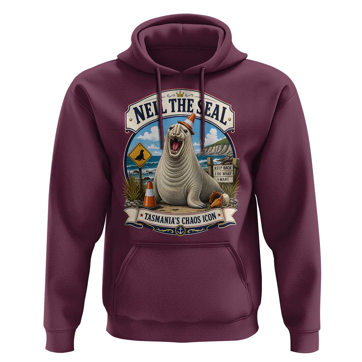 Retro Neil the Seal Tasmanias Chaos Icon Hoodie Funny Roaring Elephant Seal Traffic Cone Meme