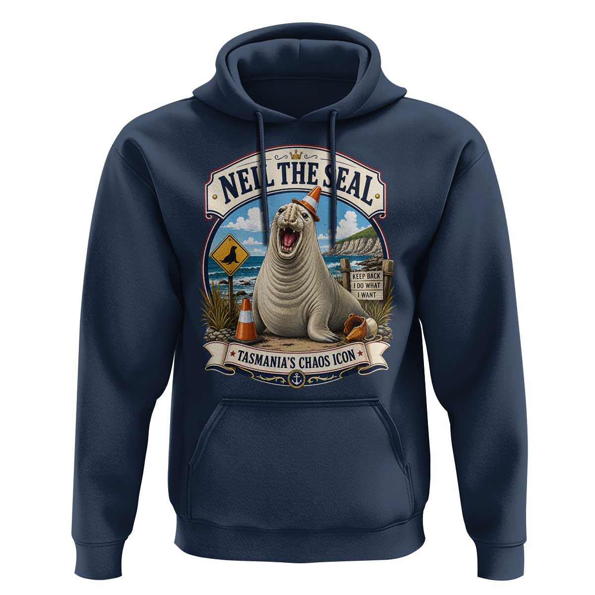 Retro Neil the Seal Tasmanias Chaos Icon Hoodie Funny Roaring Elephant Seal Traffic Cone Meme