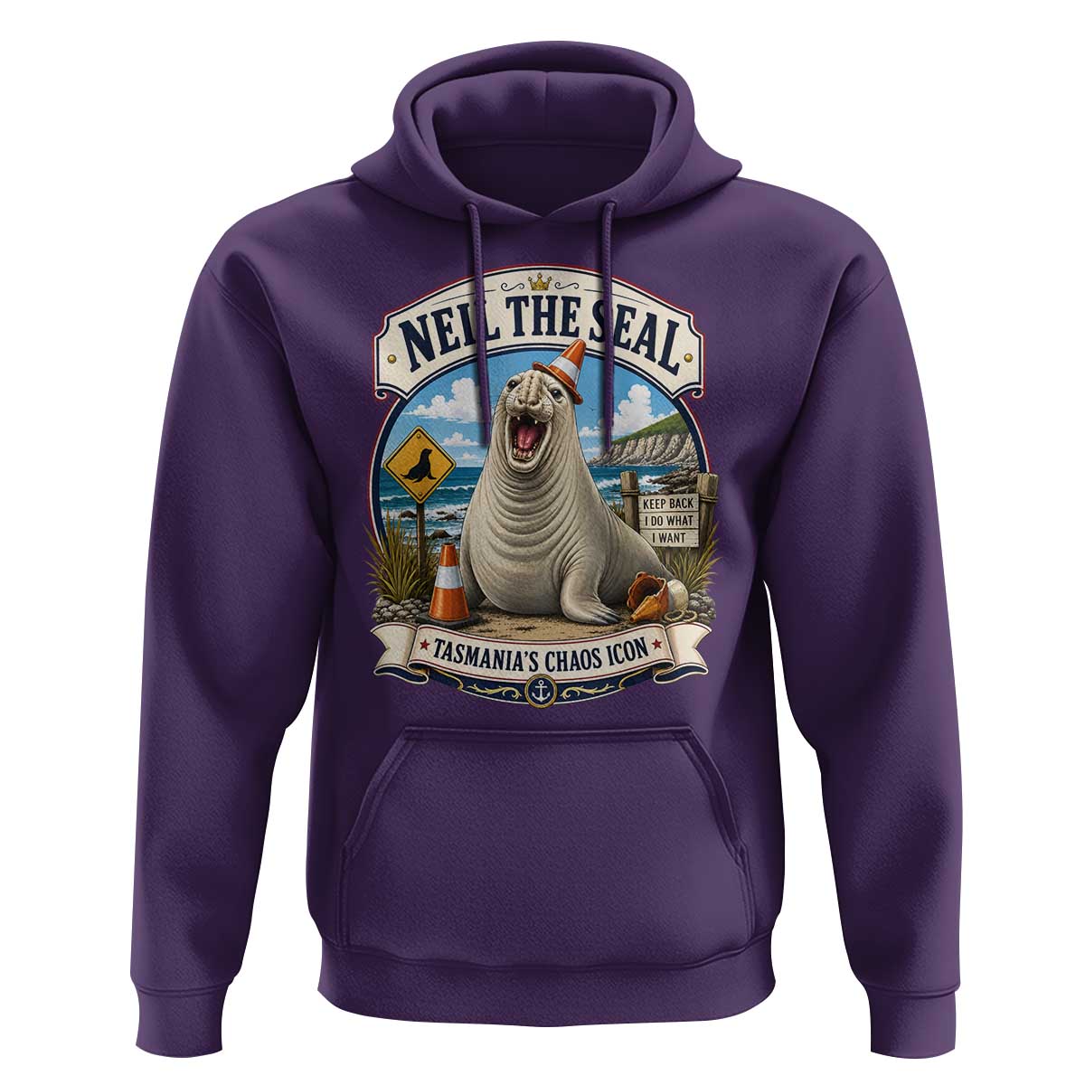 Retro Neil the Seal Tasmanias Chaos Icon Hoodie Funny Roaring Elephant Seal Traffic Cone Meme