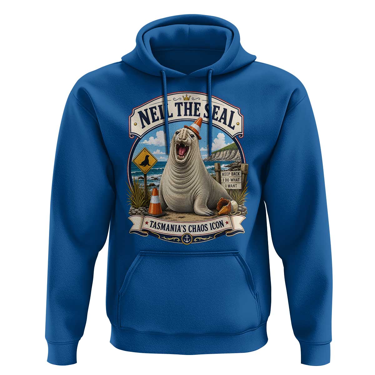 Retro Neil the Seal Tasmanias Chaos Icon Hoodie Funny Roaring Elephant Seal Traffic Cone Meme
