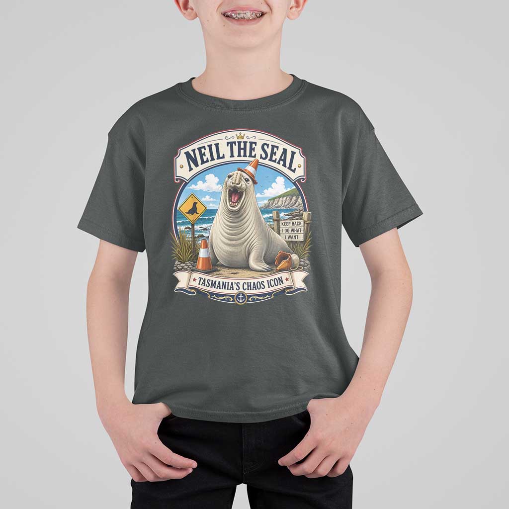 Retro Neil the Seal Tasmanias Chaos Icon T Shirt For Kid Funny Roaring Elephant Seal Traffic Cone Meme