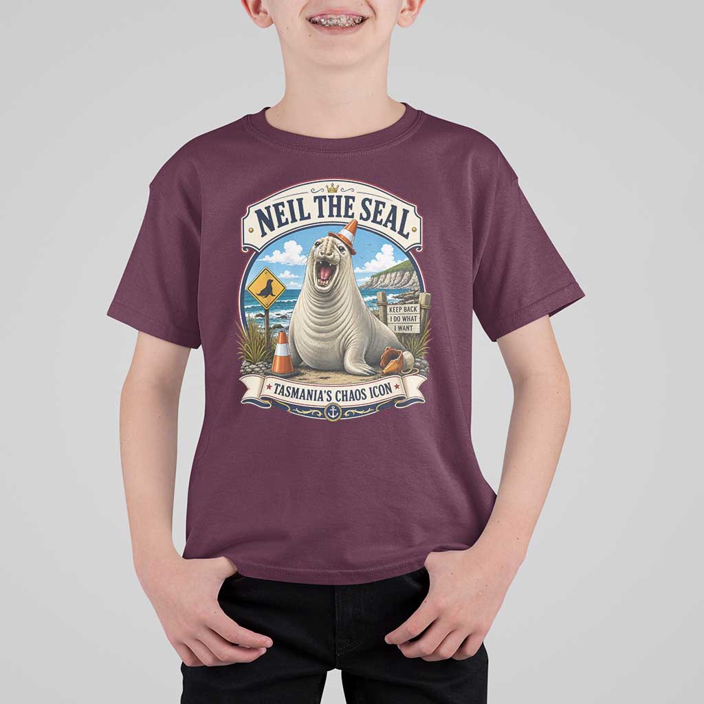 Retro Neil the Seal Tasmanias Chaos Icon T Shirt For Kid Funny Roaring Elephant Seal Traffic Cone Meme