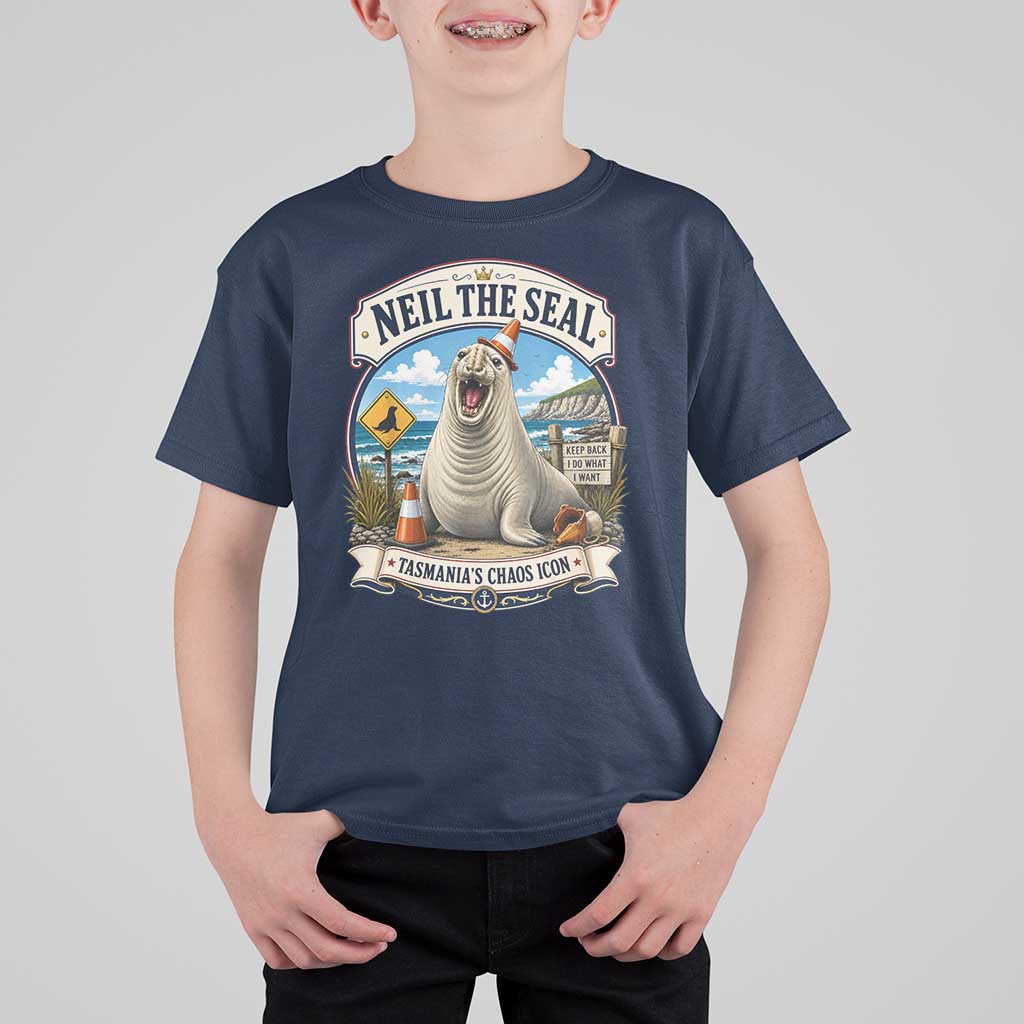 Retro Neil the Seal Tasmanias Chaos Icon T Shirt For Kid Funny Roaring Elephant Seal Traffic Cone Meme