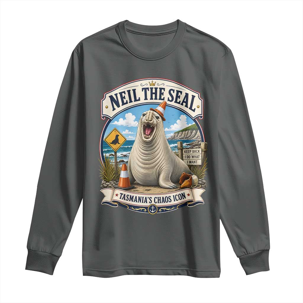 Retro Neil the Seal Tasmanias Chaos Icon Long Sleeve Shirt Funny Roaring Elephant Seal Traffic Cone Meme