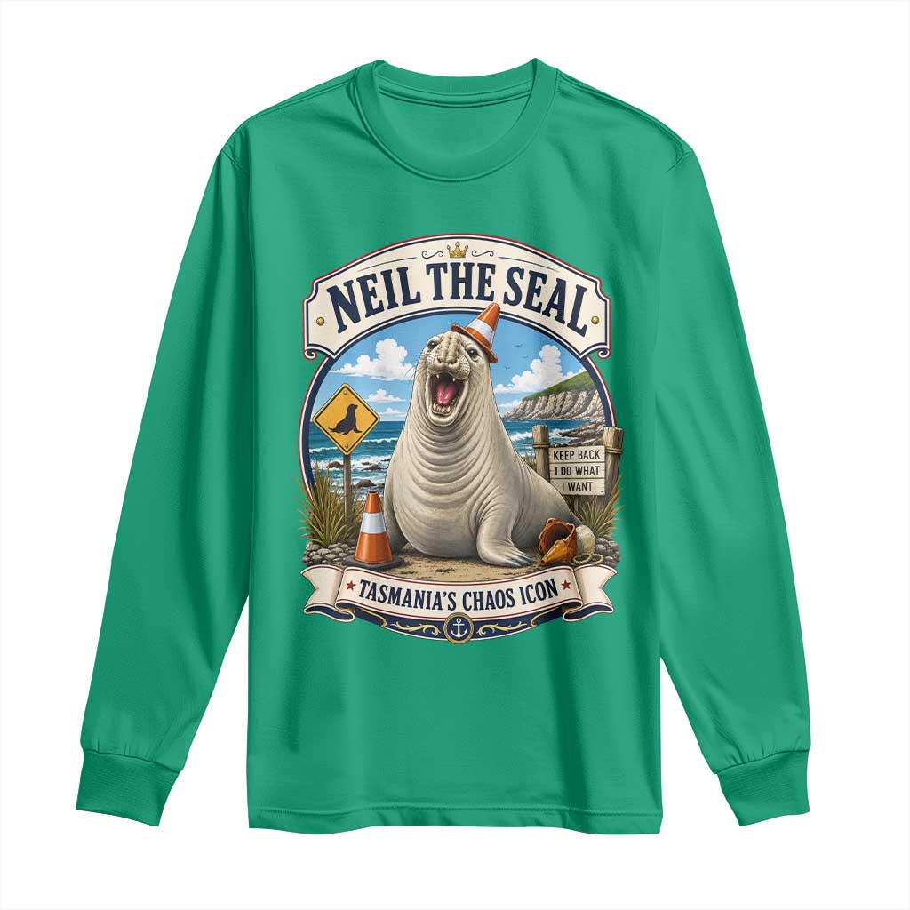Retro Neil the Seal Tasmanias Chaos Icon Long Sleeve Shirt Funny Roaring Elephant Seal Traffic Cone Meme