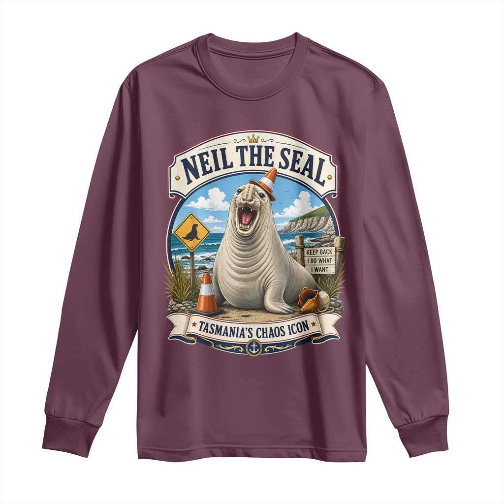 Retro Neil the Seal Tasmanias Chaos Icon Long Sleeve Shirt Funny Roaring Elephant Seal Traffic Cone Meme
