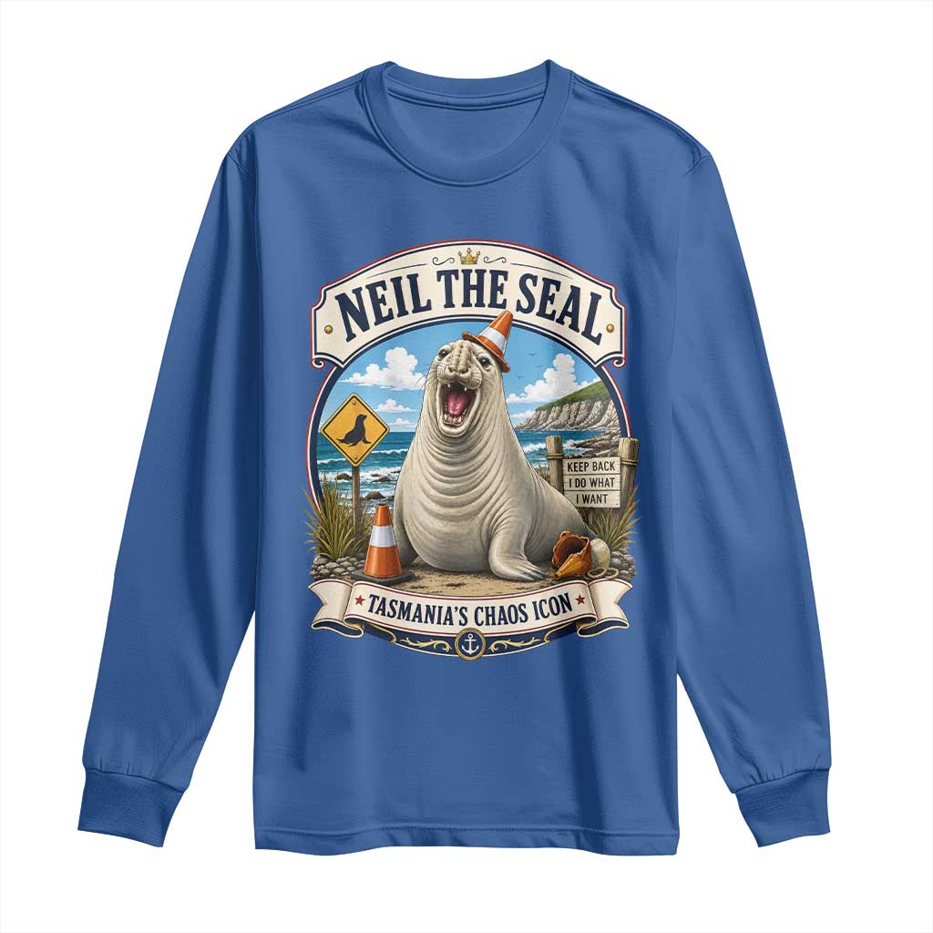 Retro Neil the Seal Tasmanias Chaos Icon Long Sleeve Shirt Funny Roaring Elephant Seal Traffic Cone Meme
