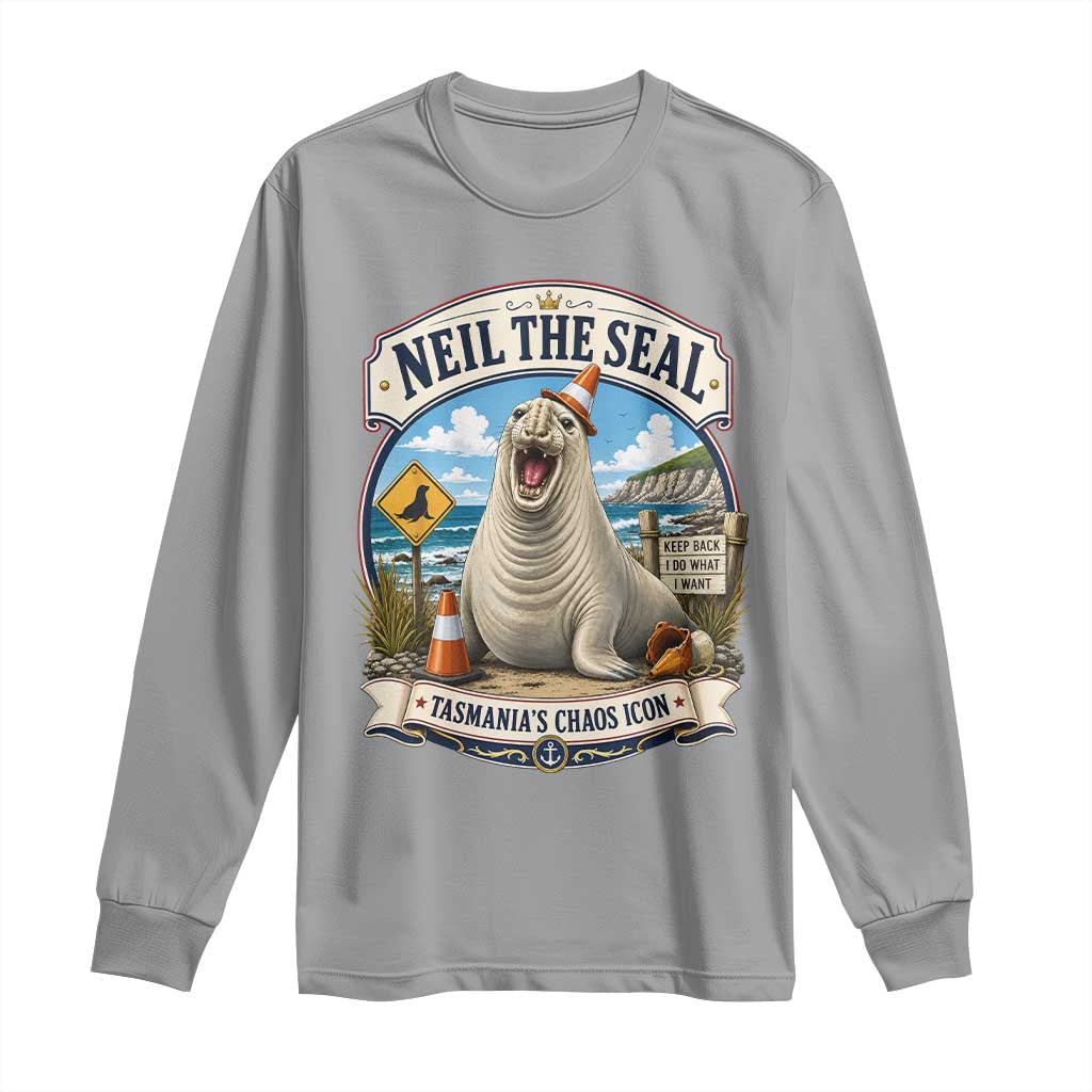 Retro Neil the Seal Tasmanias Chaos Icon Long Sleeve Shirt Funny Roaring Elephant Seal Traffic Cone Meme