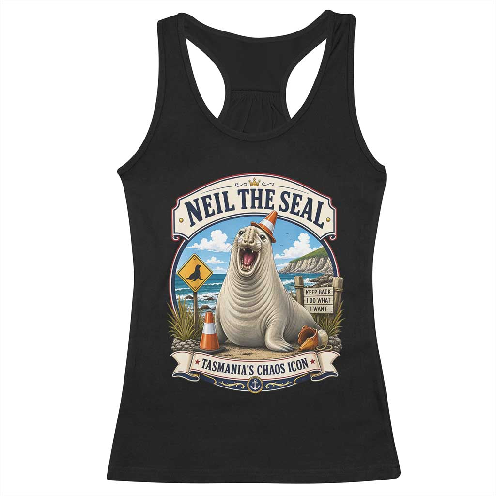 Retro Neil the Seal Tasmanias Chaos Icon Racerback Tank Top Funny Roaring Elephant Seal Traffic Cone Meme