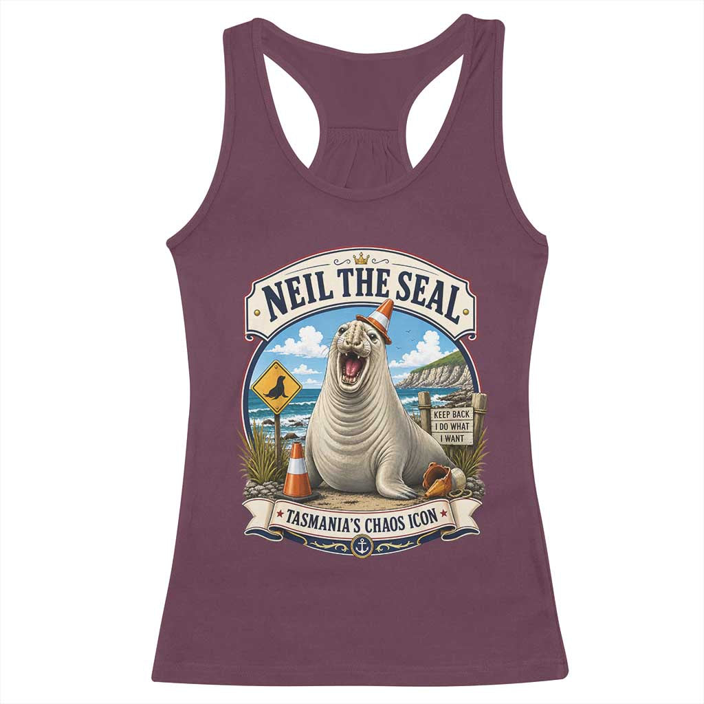 Retro Neil the Seal Tasmanias Chaos Icon Racerback Tank Top Funny Roaring Elephant Seal Traffic Cone Meme