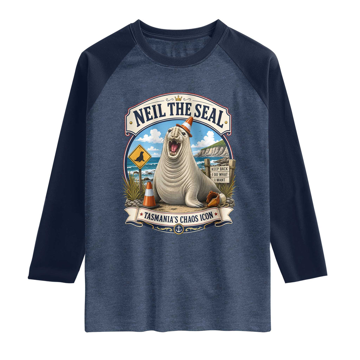 Retro Neil the Seal Tasmanias Chaos Icon Raglan Shirt Funny Roaring Elephant Seal Traffic Cone Meme
