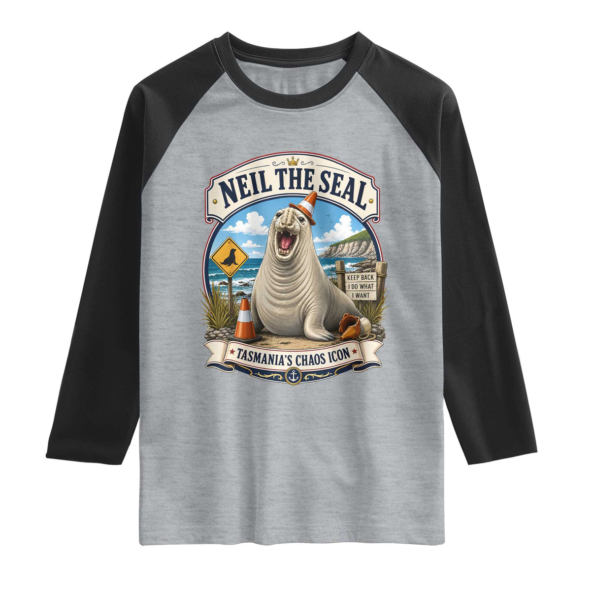 Retro Neil the Seal Tasmanias Chaos Icon Raglan Shirt Funny Roaring Elephant Seal Traffic Cone Meme